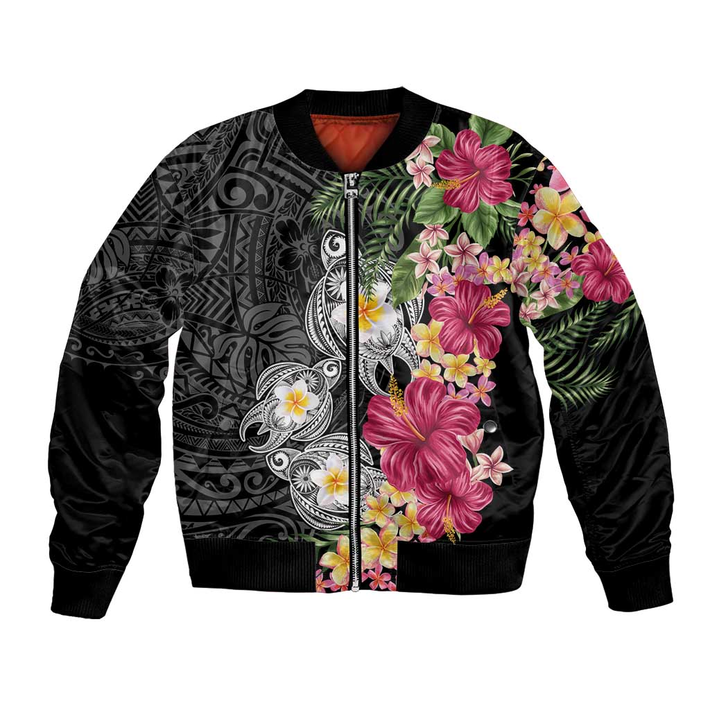 Hawaiian Tropical Flowers and Tribal Turtles Bomber Jacket Polynesian Art Motifs Black Color LT03 Unisex Black - Polynesian Pride
