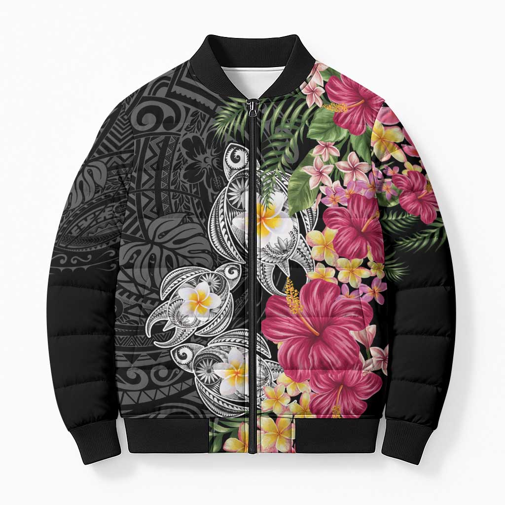Hawaiian Tropical Flowers and Tribal Turtles Bomber Puffer Jacket Polynesian Art Motifs Black Color - Polynesian Pride