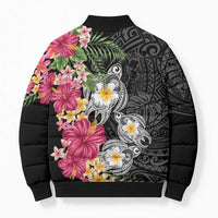 Hawaiian Tropical Flowers and Tribal Turtles Bomber Puffer Jacket Polynesian Art Motifs Black Color - Polynesian Pride