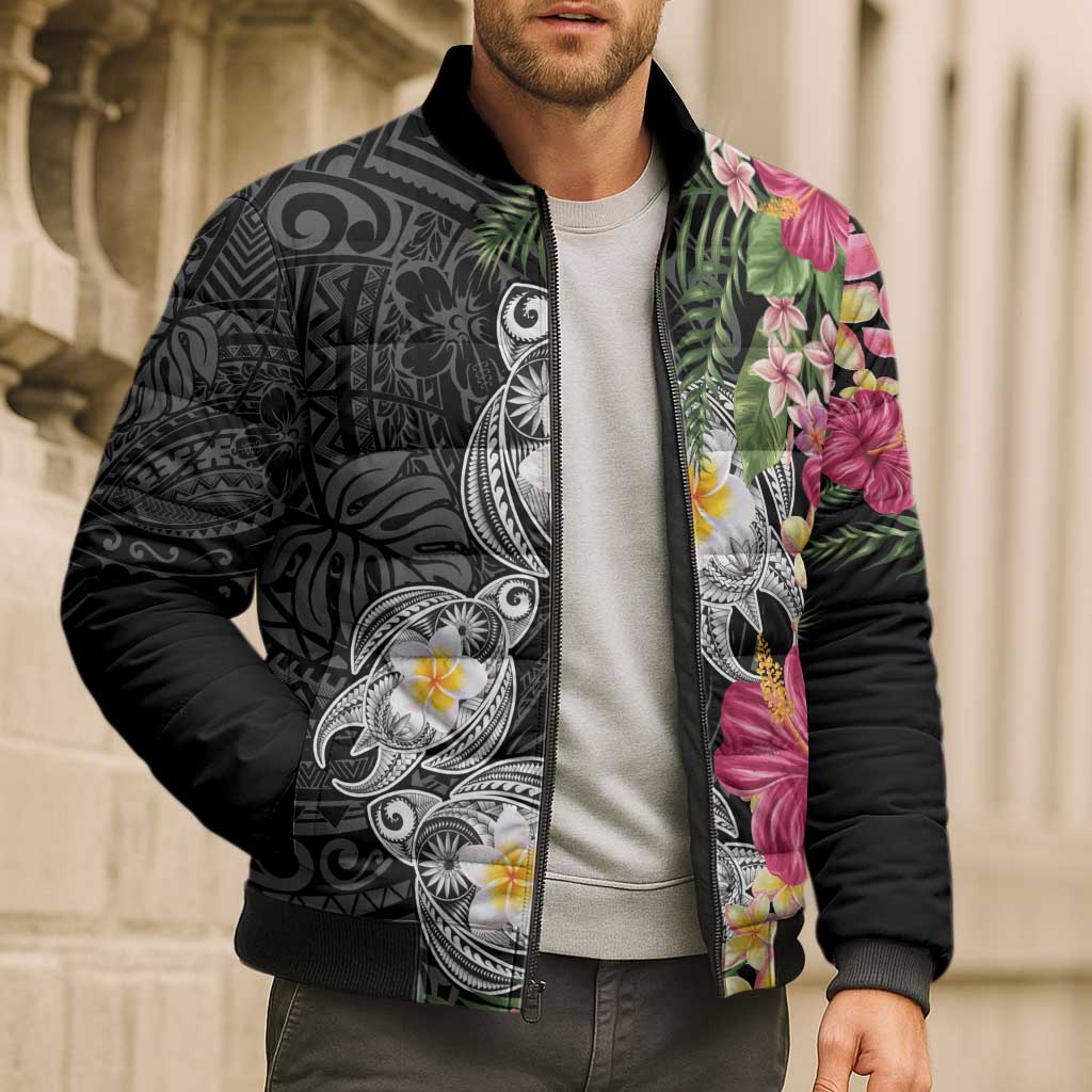 Hawaiian Tropical Flowers and Tribal Turtles Bomber Puffer Jacket Polynesian Art Motifs Black Color - Polynesian Pride