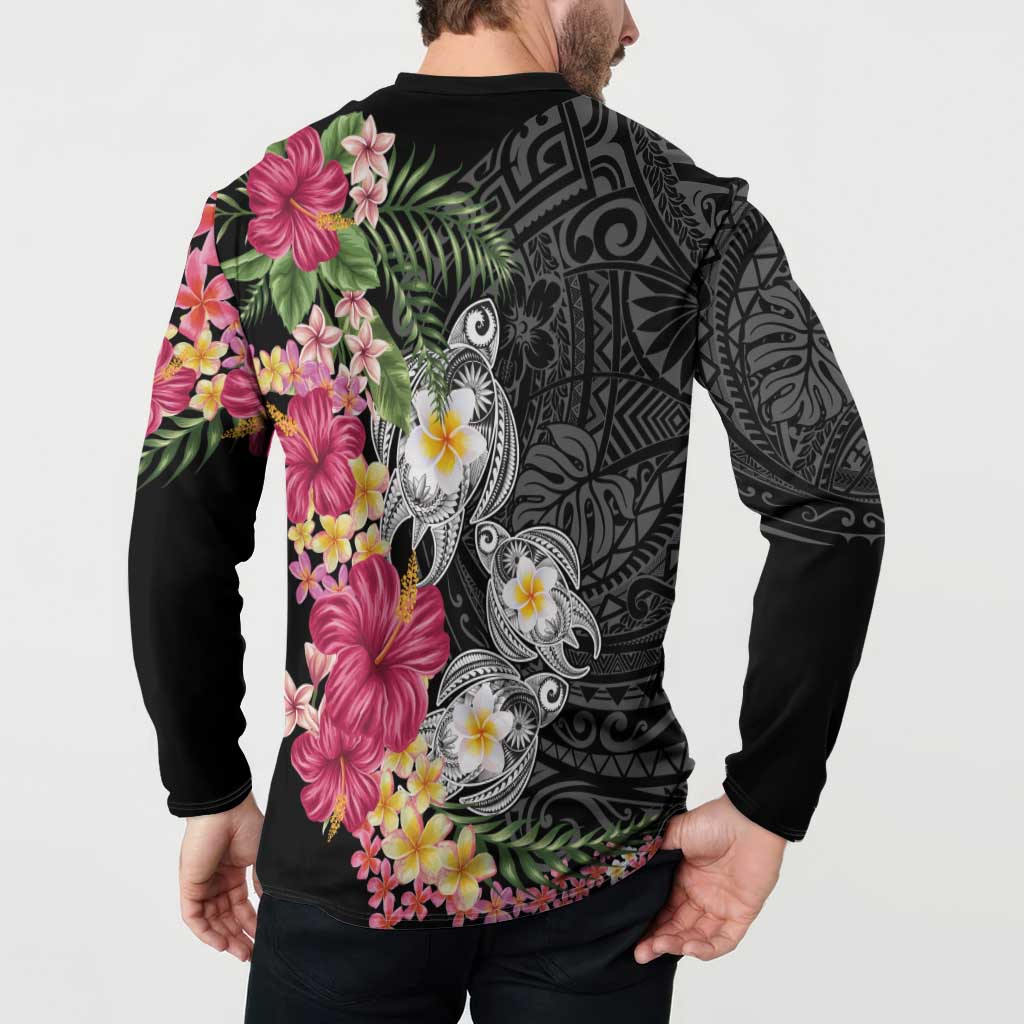 Hawaiian Tropical Flowers and Tribal Turtles Button Sweatshirt Polynesian Art Motifs Black Color - Polynesian Pride