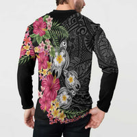 Hawaiian Tropical Flowers and Tribal Turtles Button Sweatshirt Polynesian Art Motifs Black Color - Polynesian Pride