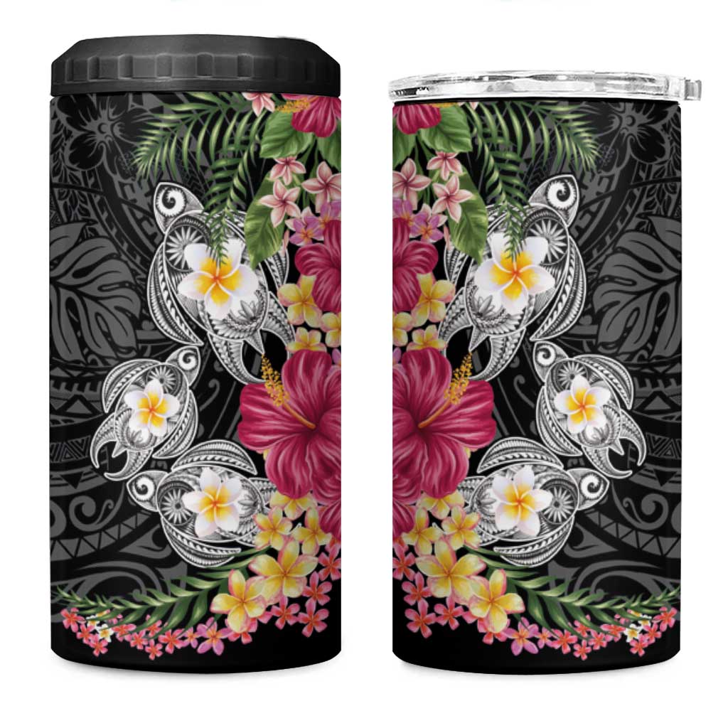 Hawaiian Tropical Flowers and Tribal Turtles 4 in 1 Can Cooler Tumbler Polynesian Art Motifs Black Color - Polynesian Pride