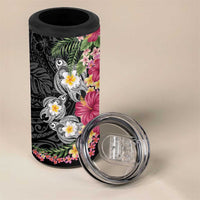 Hawaiian Tropical Flowers and Tribal Turtles 4 in 1 Can Cooler Tumbler Polynesian Art Motifs Black Color - Polynesian Pride