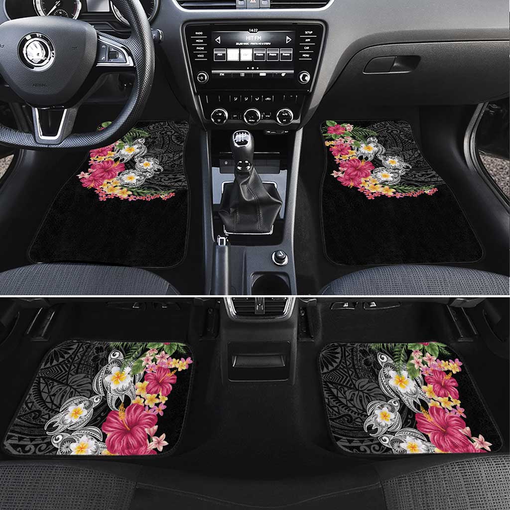 Hawaiian Tropical Flowers and Tribal Turtles Car Mats Polynesian Art Motifs Black Color - Polynesian Pride