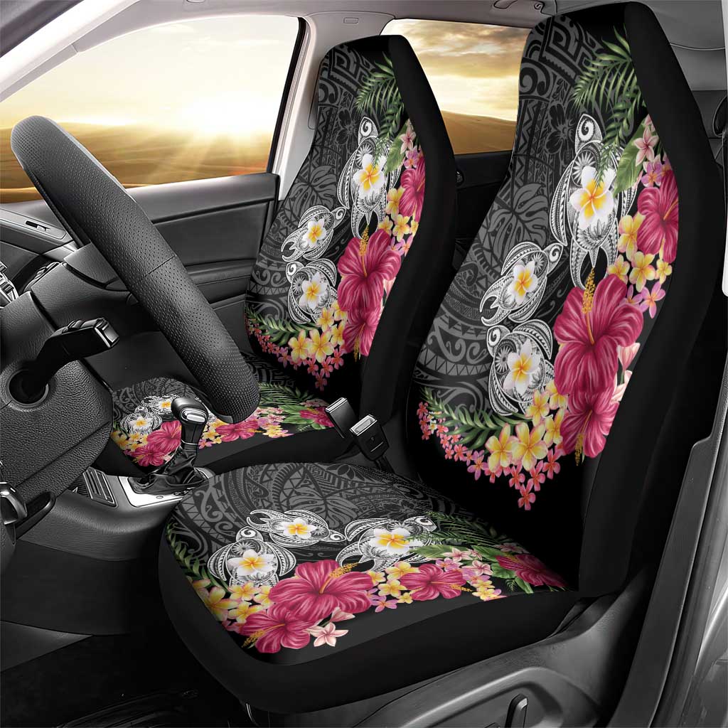 Hawaiian Tropical Flowers and Tribal Turtles Car Seat Cover Polynesian Art Motifs Black Color - Polynesian Pride