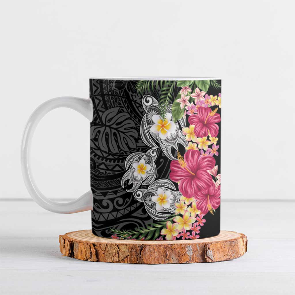 Hawaiian Tropical Flowers and Tribal Turtles Ceramic Mug Polynesian Art Motifs Black Color - Polynesian Pride