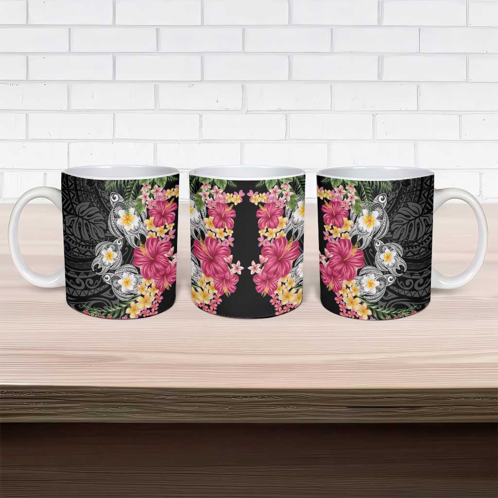 Hawaiian Tropical Flowers and Tribal Turtles Ceramic Mug Polynesian Art Motifs Black Color - Polynesian Pride