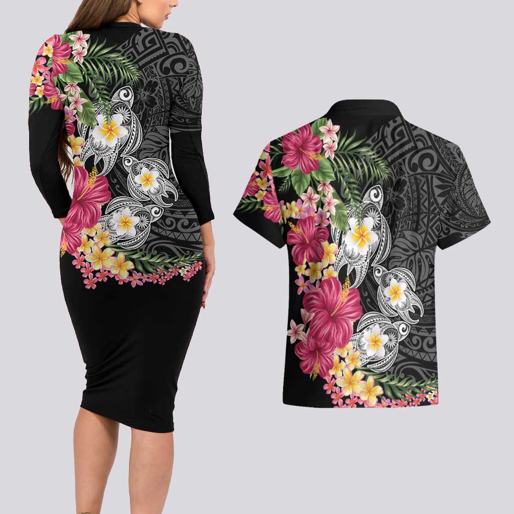 Hawaiian Tropical Flowers and Tribal Turtles Couples Matching Long Sleeve Bodycon Dress and Hawaiian Shirt Polynesian Art Motifs Black Color - Polynesian Pride