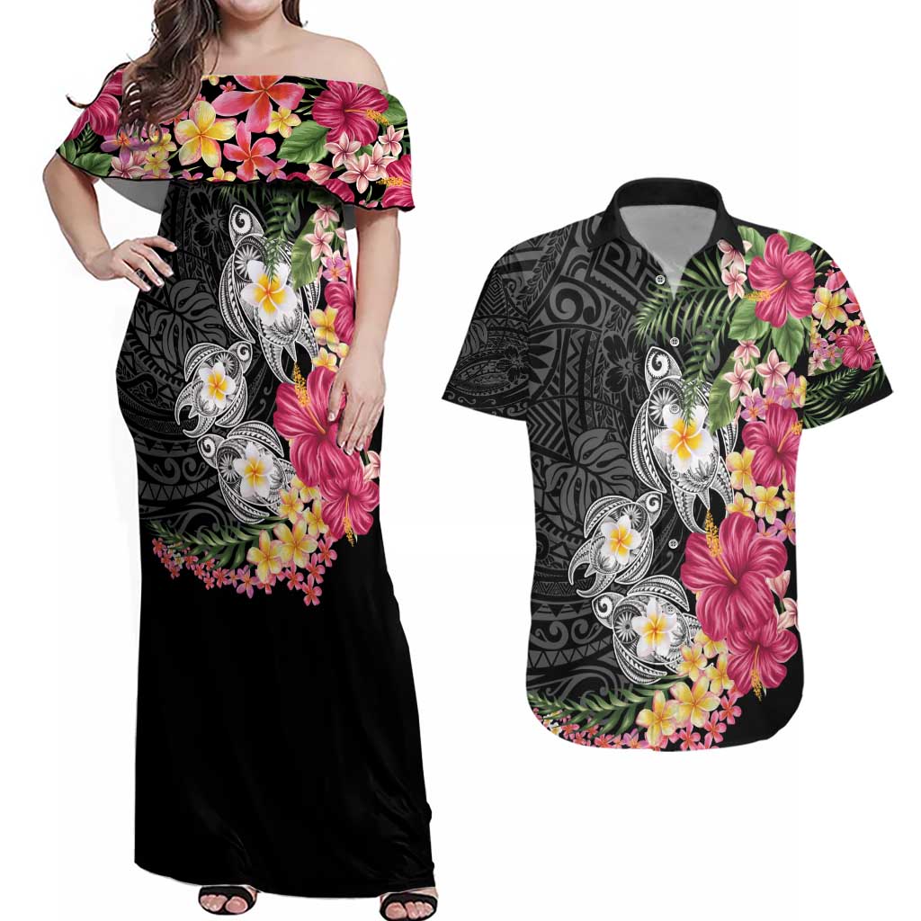 Hawaiian Tropical Flowers and Tribal Turtles Couples Matching Off Shoulder Maxi Dress and Hawaiian Shirt Polynesian Art Motifs Black Color - Polynesian Pride