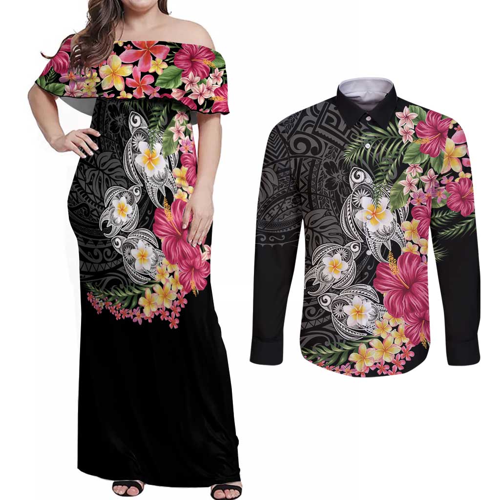 Hawaiian Tropical Flowers and Tribal Turtles Couples Matching Off Shoulder Maxi Dress and Long Sleeve Button Shirt Polynesian Art Motifs Black Color LT03 Black - Polynesian Pride
