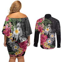 Hawaiian Tropical Flowers and Tribal Turtles Couples Matching Off Shoulder Short Dress and Long Sleeve Button Shirt Polynesian Art Motifs Black Color - Polynesian Pride