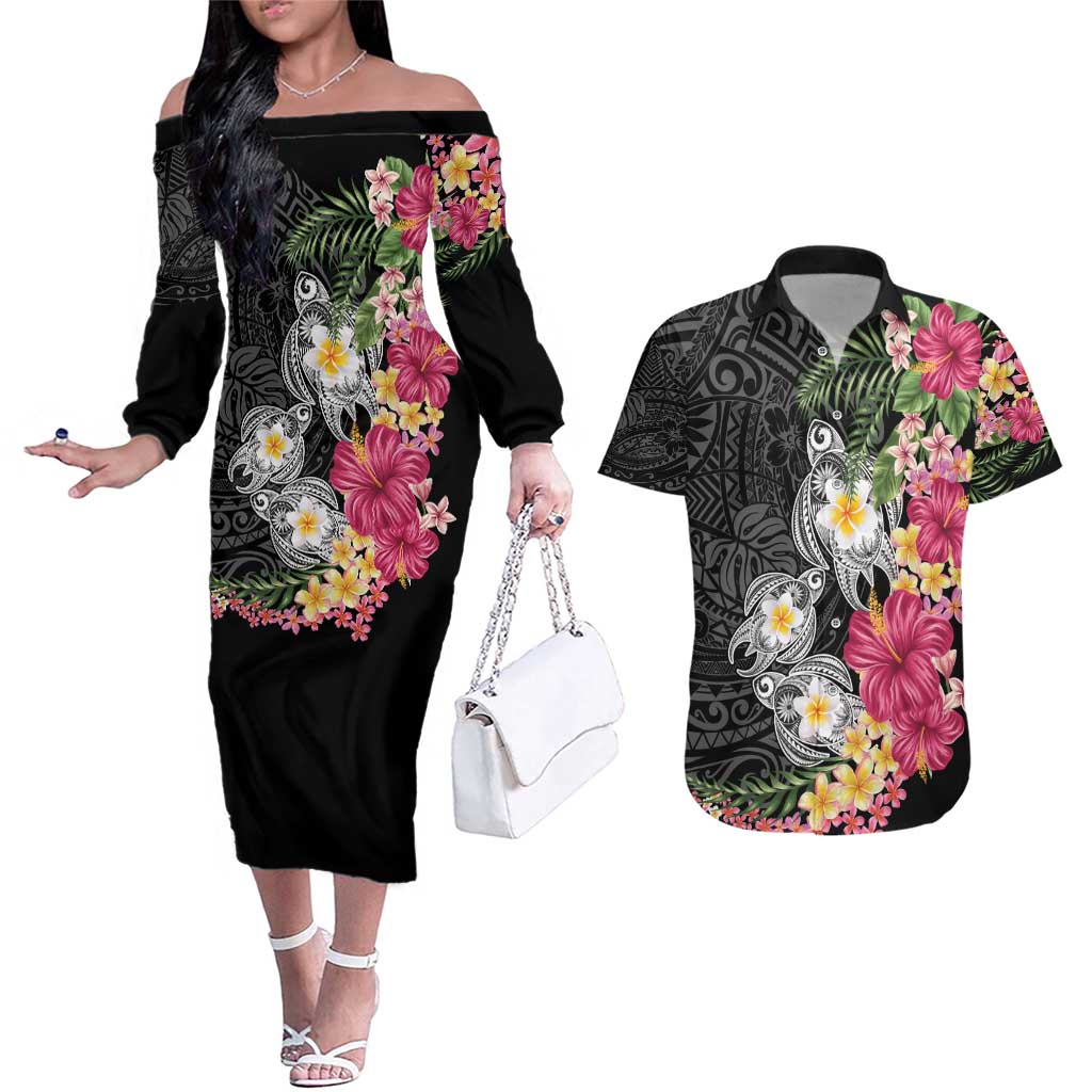 Hawaiian Tropical Flowers and Tribal Turtles Couples Matching Off The Shoulder Long Sleeve Dress and Hawaiian Shirt Polynesian Art Motifs Black Color - Polynesian Pride