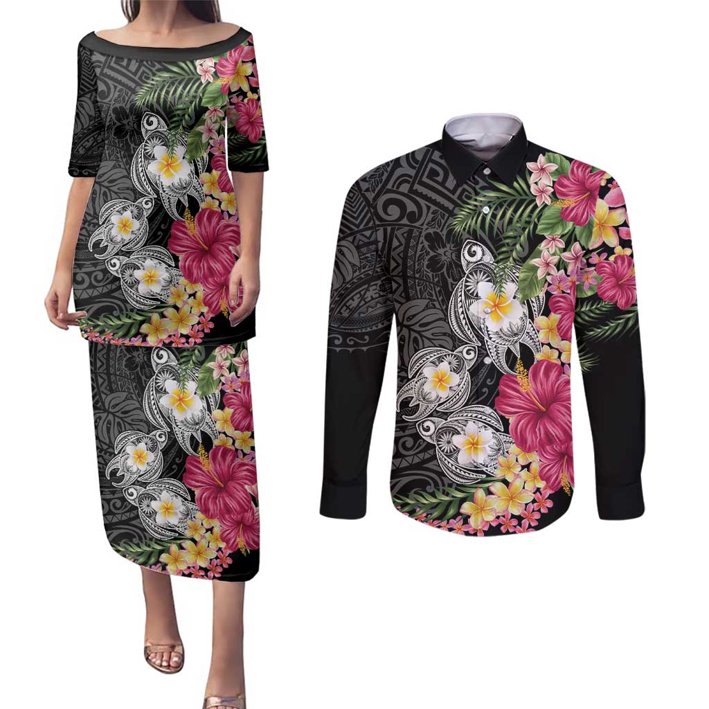 Hawaiian Tropical Flowers and Tribal Turtles Couples Matching Puletasi and Long Sleeve Button Shirt Polynesian Art Motifs Black Color - Polynesian Pride