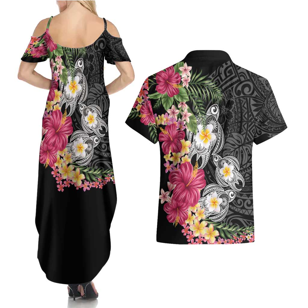 Hawaiian Tropical Flowers and Tribal Turtles Couples Matching Summer Maxi Dress and Hawaiian Shirt Polynesian Art Motifs Black Color - Polynesian Pride