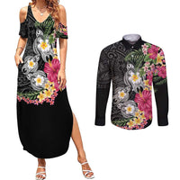 Hawaiian Tropical Flowers and Tribal Turtles Couples Matching Summer Maxi Dress and Long Sleeve Button Shirt Polynesian Art Motifs Black Color - Polynesian Pride