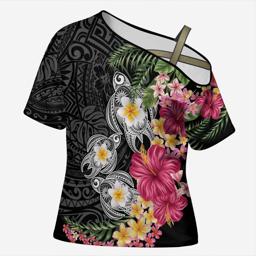 Hawaiian Tropical Flowers and Tribal Turtles Cross Shoulder Shirt Polynesian Art Motifs Black Color LT03 Female Black - Polynesian Pride