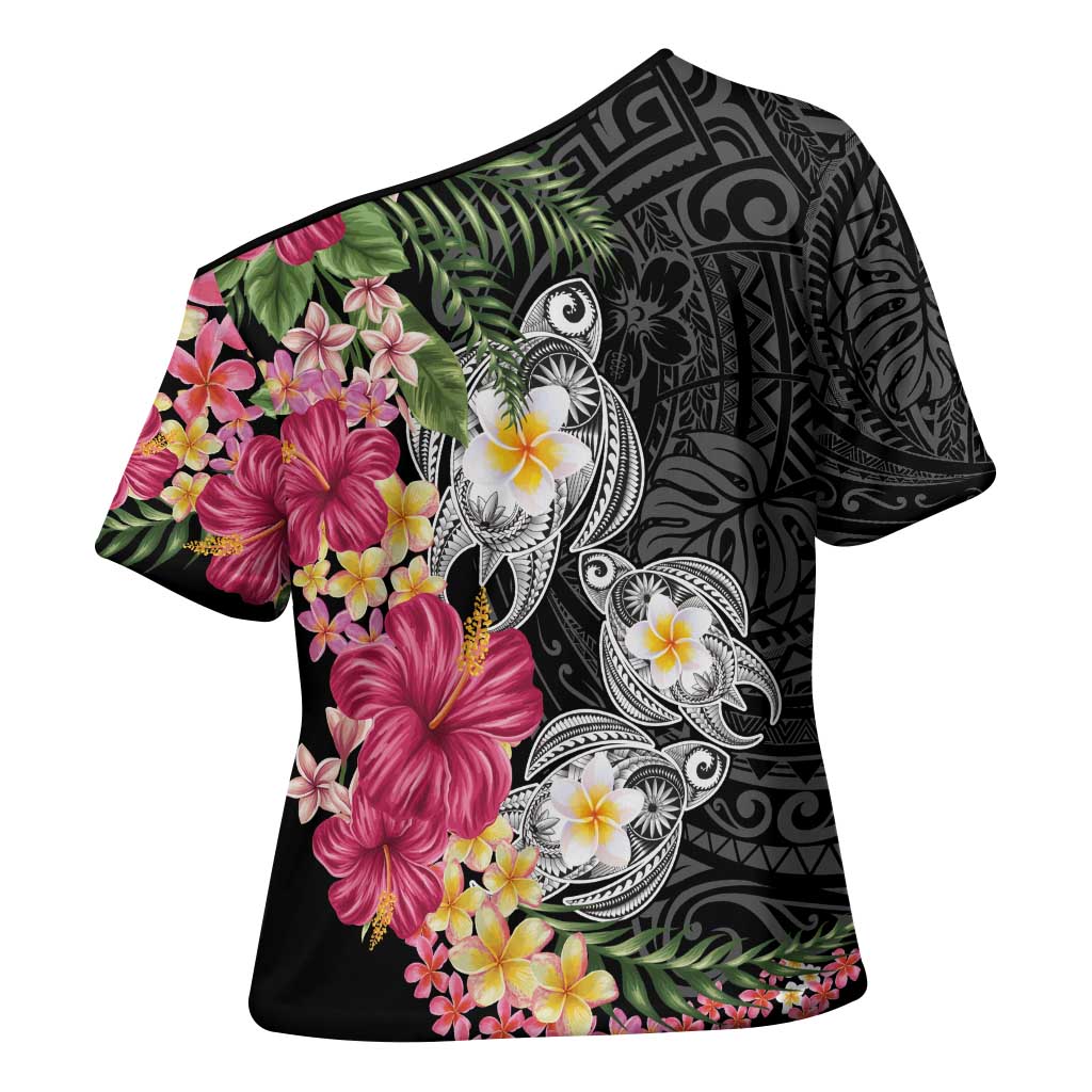 Hawaiian Tropical Flowers and Tribal Turtles Cross Shoulder Shirt Polynesian Art Motifs Black Color - Polynesian Pride