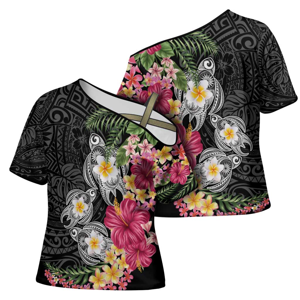 Hawaiian Tropical Flowers and Tribal Turtles Cross Shoulder Shirt Polynesian Art Motifs Black Color - Polynesian Pride