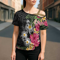 Hawaiian Tropical Flowers and Tribal Turtles Cross Shoulder Shirt Polynesian Art Motifs Black Color - Polynesian Pride
