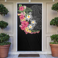 Hawaiian Tropical Flowers and Tribal Turtles Door Cover Polynesian Art Motifs Black Color - Polynesian Pride