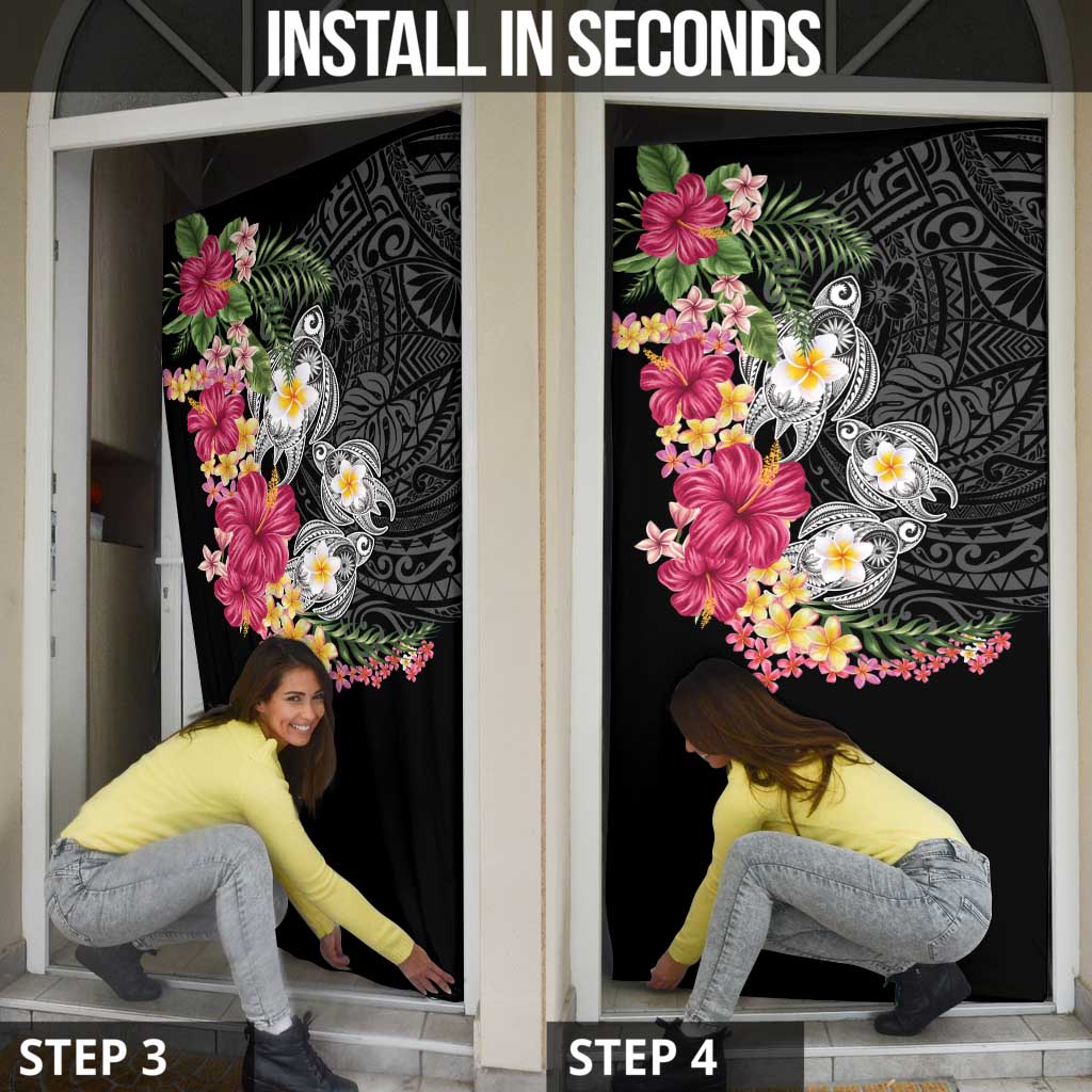 Hawaiian Tropical Flowers and Tribal Turtles Door Cover Polynesian Art Motifs Black Color - Polynesian Pride