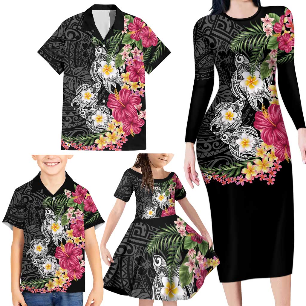 Hawaiian Tropical Flowers and Tribal Turtles Family Matching Long Sleeve Bodycon Dress and Hawaiian Shirt Polynesian Art Motifs Black Color LT03 - Polynesian Pride