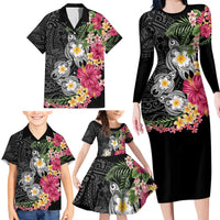 Hawaiian Tropical Flowers and Tribal Turtles Family Matching Long Sleeve Bodycon Dress and Hawaiian Shirt Polynesian Art Motifs Black Color - Polynesian Pride