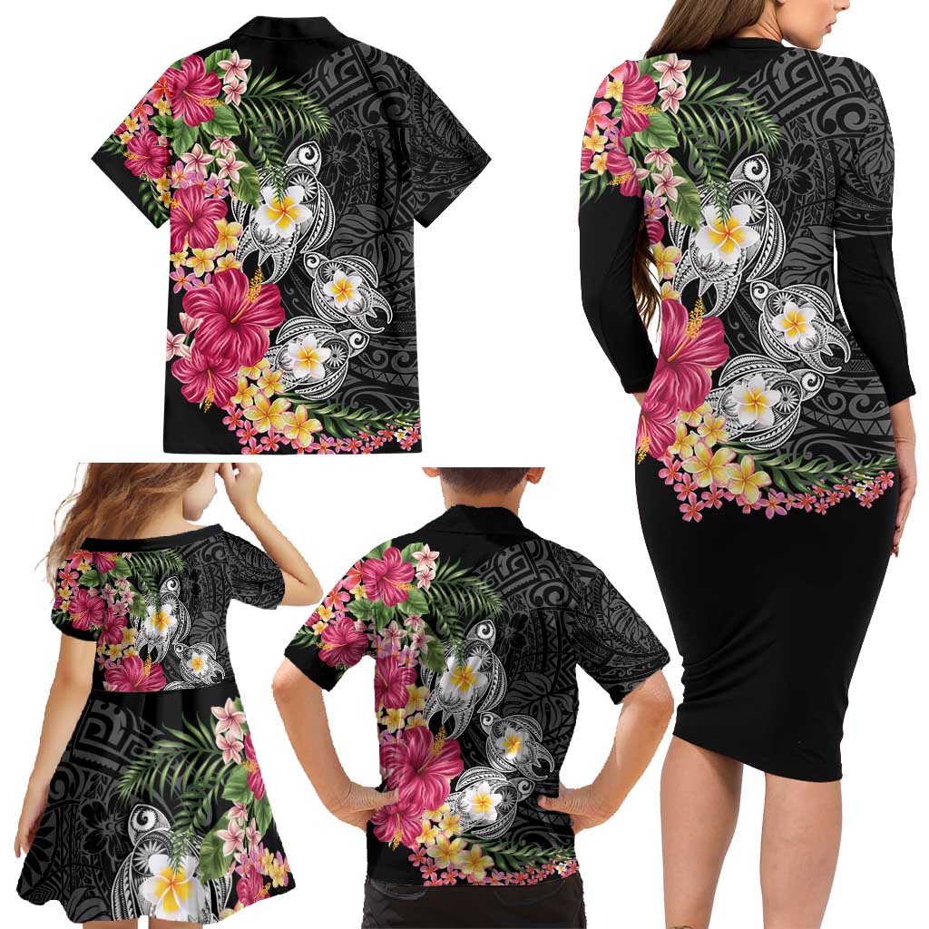 Hawaiian Tropical Flowers and Tribal Turtles Family Matching Long Sleeve Bodycon Dress and Hawaiian Shirt Polynesian Art Motifs Black Color - Polynesian Pride