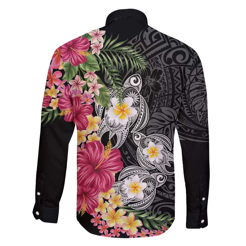 Hawaiian Tropical Flowers and Tribal Turtles Family Matching Long Sleeve Bodycon Dress and Hawaiian Shirt Polynesian Art Motifs Black Color - Polynesian Pride