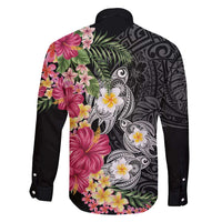 Hawaiian Tropical Flowers and Tribal Turtles Family Matching Long Sleeve Bodycon Dress and Hawaiian Shirt Polynesian Art Motifs Black Color - Polynesian Pride