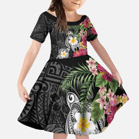 Hawaiian Tropical Flowers and Tribal Turtles Family Matching Mermaid Dress and Hawaiian Shirt Polynesian Art Motifs Black Color - Polynesian Pride