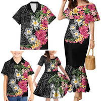 Hawaiian Tropical Flowers and Tribal Turtles Family Matching Mermaid Dress and Hawaiian Shirt Polynesian Art Motifs Black Color - Polynesian Pride