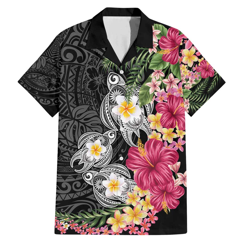 Hawaiian Tropical Flowers and Tribal Turtles Family Matching Mermaid Dress and Hawaiian Shirt Polynesian Art Motifs Black Color - Polynesian Pride