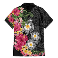 Hawaiian Tropical Flowers and Tribal Turtles Family Matching Mermaid Dress and Hawaiian Shirt Polynesian Art Motifs Black Color - Polynesian Pride