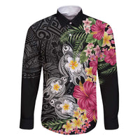 Hawaiian Tropical Flowers and Tribal Turtles Family Matching Mermaid Dress and Hawaiian Shirt Polynesian Art Motifs Black Color - Polynesian Pride