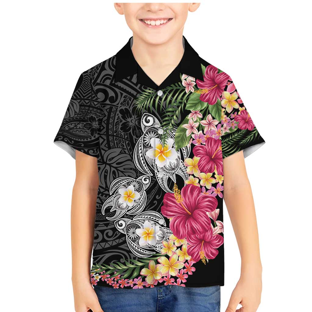 Hawaiian Tropical Flowers and Tribal Turtles Family Matching Mermaid Dress and Hawaiian Shirt Polynesian Art Motifs Black Color - Polynesian Pride