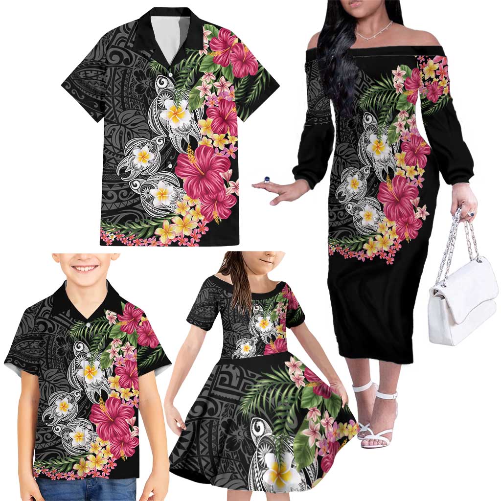 Hawaiian Tropical Flowers and Tribal Turtles Family Matching Off The Shoulder Long Sleeve Dress and Hawaiian Shirt Polynesian Art Motifs Black Color LT03 - Polynesian Pride