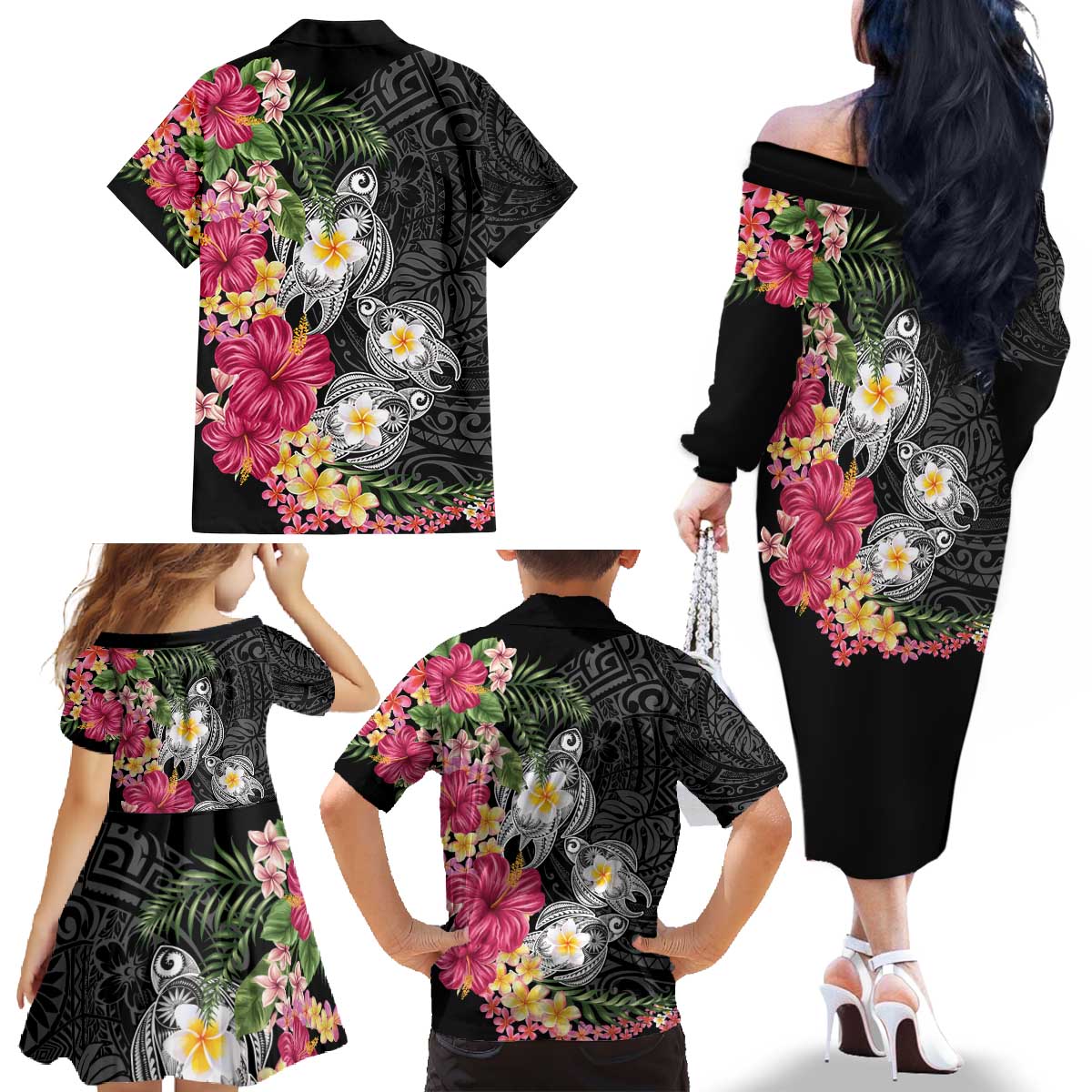 Hawaiian Tropical Flowers and Tribal Turtles Family Matching Off The Shoulder Long Sleeve Dress and Hawaiian Shirt Polynesian Art Motifs Black Color - Polynesian Pride