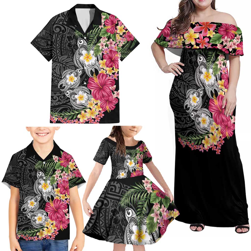 Hawaiian Tropical Flowers and Tribal Turtles Family Matching Off Shoulder Maxi Dress and Hawaiian Shirt Polynesian Art Motifs Black Color - Polynesian Pride
