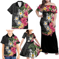 Hawaiian Tropical Flowers and Tribal Turtles Family Matching Off Shoulder Maxi Dress and Hawaiian Shirt Polynesian Art Motifs Black Color - Polynesian Pride