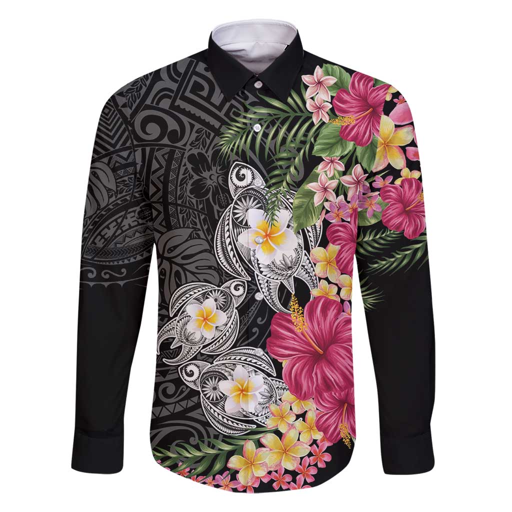 Hawaiian Tropical Flowers and Tribal Turtles Family Matching Off Shoulder Maxi Dress and Hawaiian Shirt Polynesian Art Motifs Black Color - Polynesian Pride