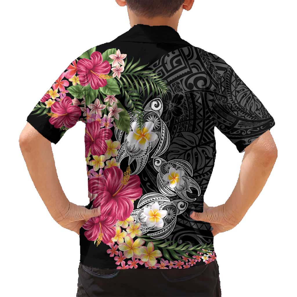 Hawaiian Tropical Flowers and Tribal Turtles Family Matching Off Shoulder Short Dress and Hawaiian Shirt Polynesian Art Motifs Black Color - Polynesian Pride