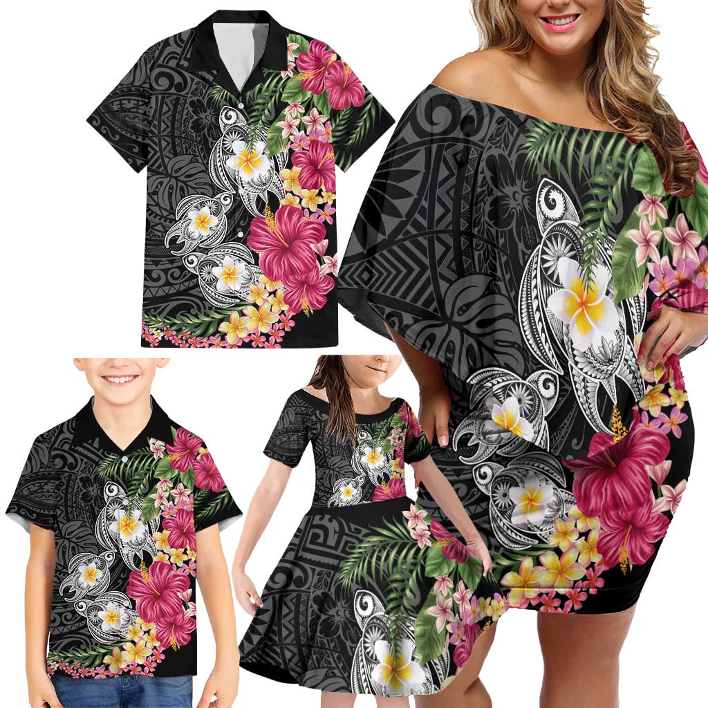 Hawaiian Tropical Flowers and Tribal Turtles Family Matching Off Shoulder Short Dress and Hawaiian Shirt Polynesian Art Motifs Black Color LT03 - Polynesian Pride