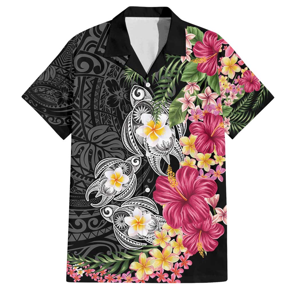 Hawaiian Tropical Flowers and Tribal Turtles Family Matching Off Shoulder Short Dress and Hawaiian Shirt Polynesian Art Motifs Black Color - Polynesian Pride