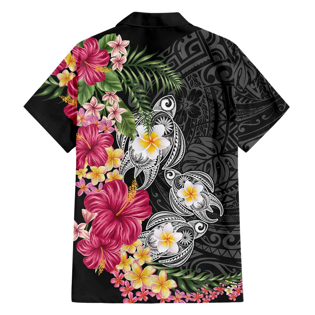 Hawaiian Tropical Flowers and Tribal Turtles Family Matching Puletasi and Hawaiian Shirt Polynesian Art Motifs Black Color LT03 - Polynesian Pride