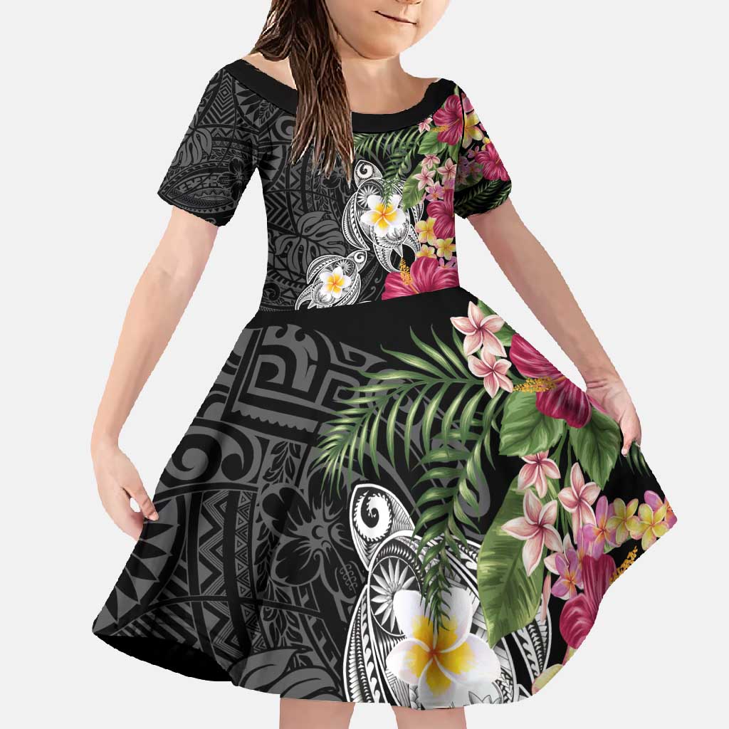 Hawaiian Tropical Flowers and Tribal Turtles Family Matching Short Sleeve Bodycon Dress and Hawaiian Shirt Polynesian Art Motifs Black Color - Polynesian Pride