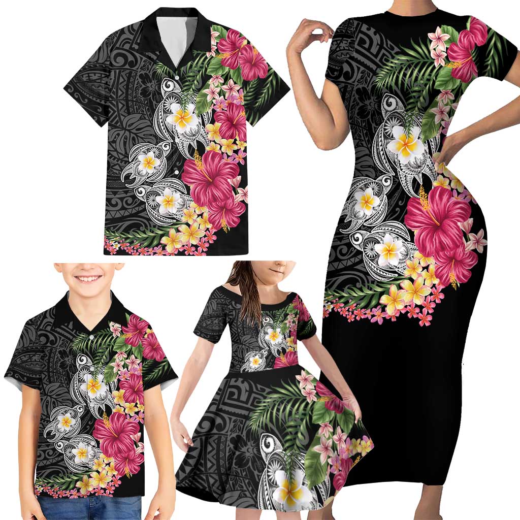 Hawaiian Tropical Flowers and Tribal Turtles Family Matching Short Sleeve Bodycon Dress and Hawaiian Shirt Polynesian Art Motifs Black Color LT03 - Polynesian Pride