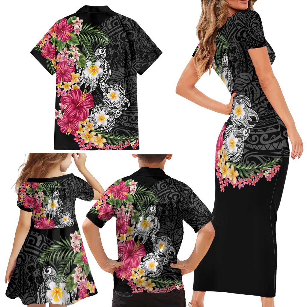 Hawaiian Tropical Flowers and Tribal Turtles Family Matching Short Sleeve Bodycon Dress and Hawaiian Shirt Polynesian Art Motifs Black Color - Polynesian Pride