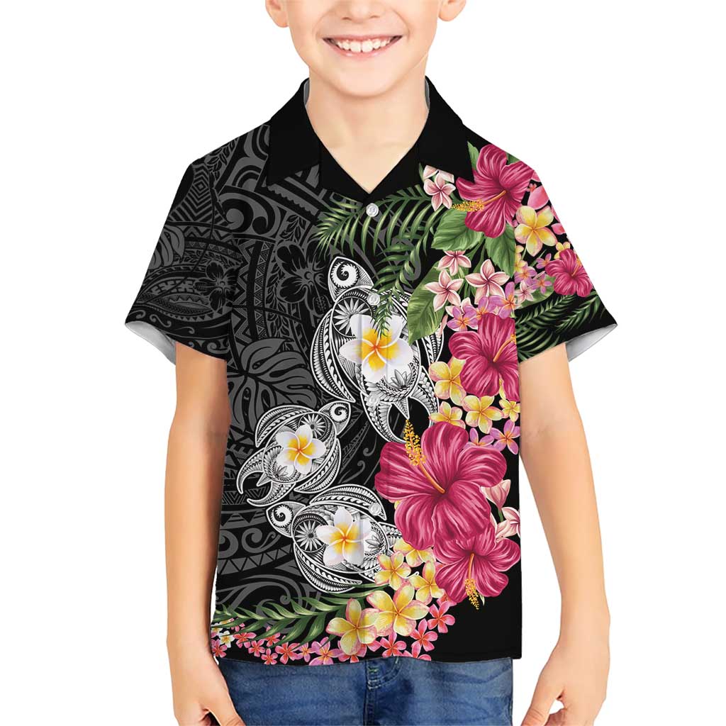 Hawaiian Tropical Flowers and Tribal Turtles Family Matching Short Sleeve Bodycon Dress and Hawaiian Shirt Polynesian Art Motifs Black Color - Polynesian Pride